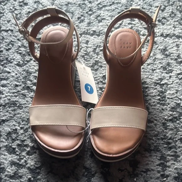 Cream and Brown Wedge Sandals with Cork Heel - Picture 2 of 10